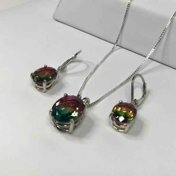 Beautiful Watermelon Tourmaline Quartz Necklace & Earrings Set - Picture 8 of 10